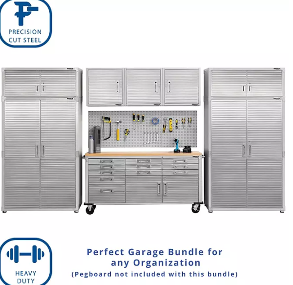 Seville Classics UltraHD 8-Piece Steel Garage Cabinet Storage Set With Rolling Workbench, 14 Feet Wide Supply