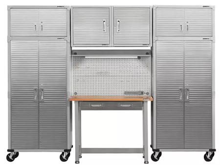 Seville Classics UltraHD 7-Piece Steel Garage Cabinet Storage Set With Pegboard Workbench, 10 Feet Wide For Sale