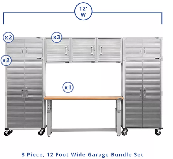 Seville Classics UltraHD 8-Piece Steel Garage Cabinet Storage Set With Height Adjustable Workbench, 12 Feet Wide Fashion