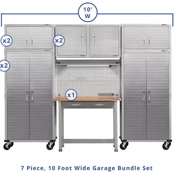 Seville Classics UltraHD 7-Piece Steel Garage Cabinet Storage Set With Pegboard Workbench, 10 Feet Wide For Sale