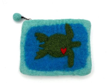 Sea Turtle with Heart on Blue Felt Coin Purse Online now